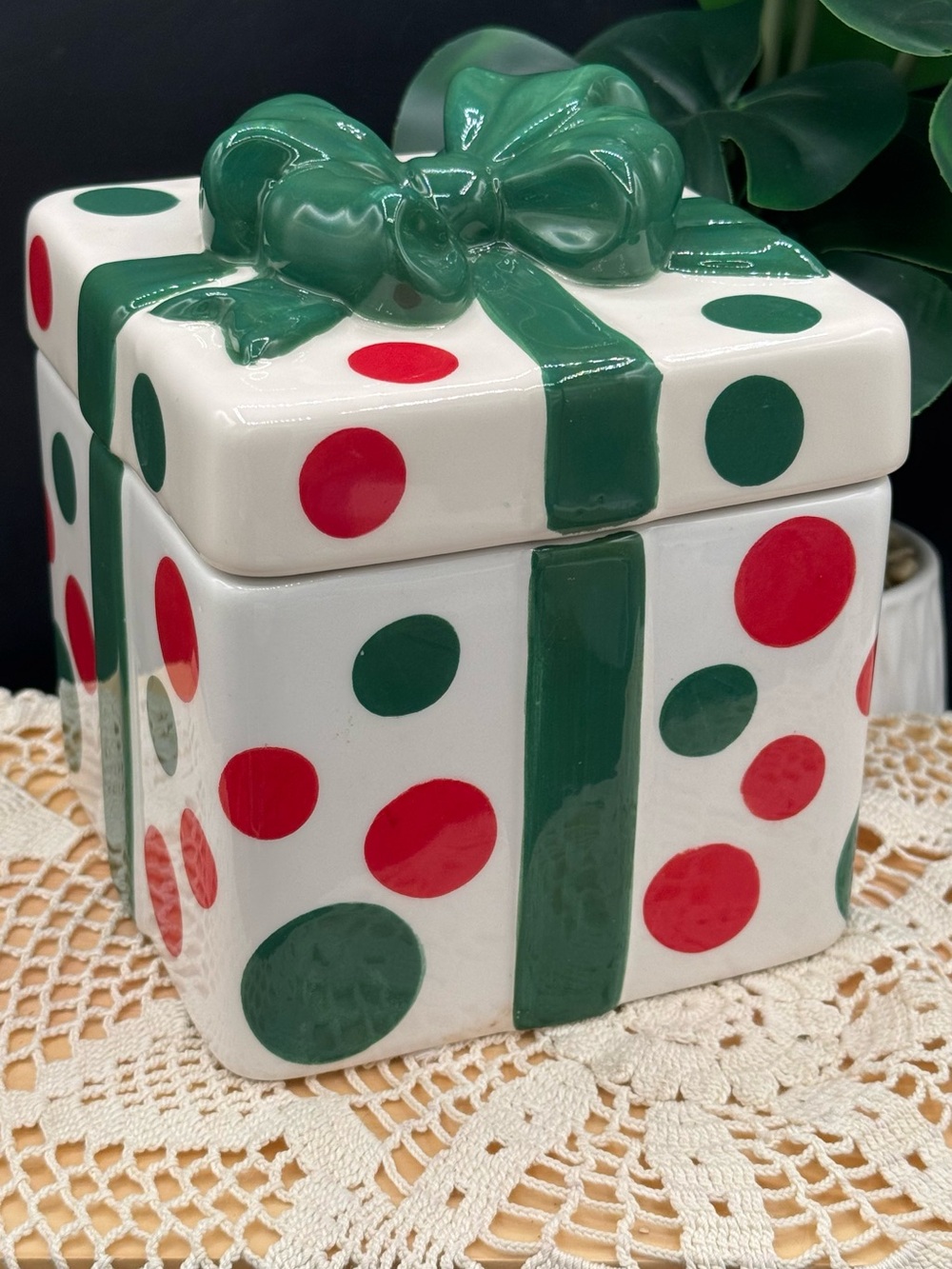 Ceramic Polka Dot Gift Box Christmas Canister - Green & Red